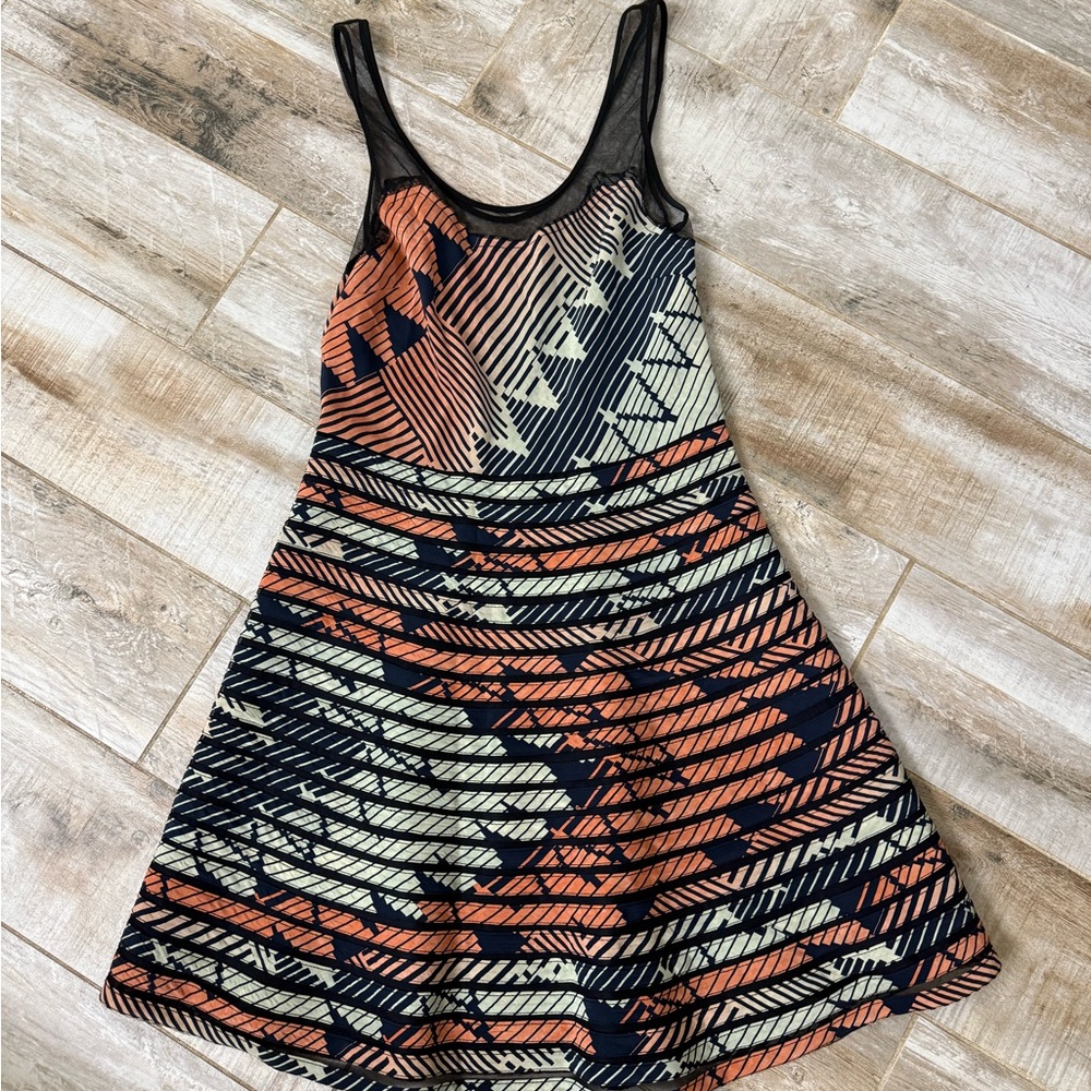 Parker Black and Coral Patterned 100% Silk Mini Dress